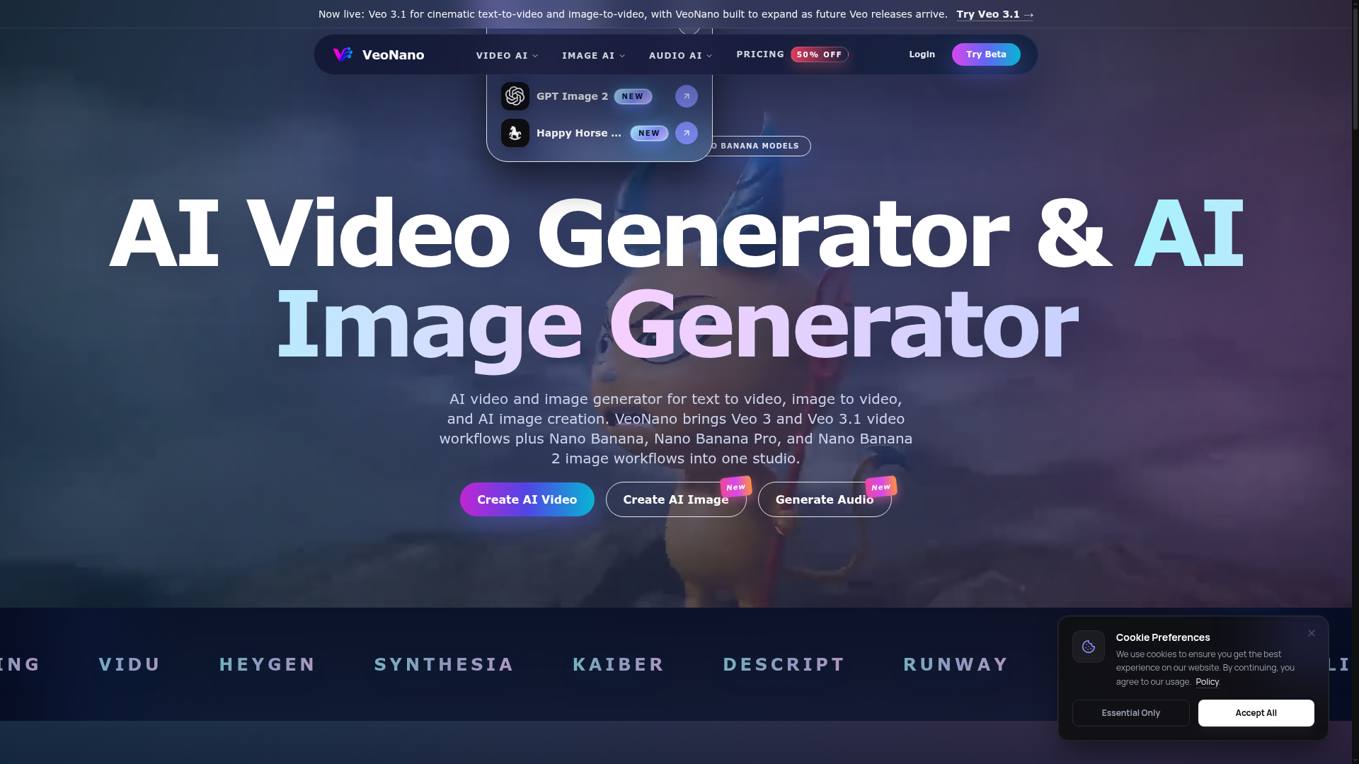 VeoNano - AI video and image generator for text to video, image to video, and AI image creation.