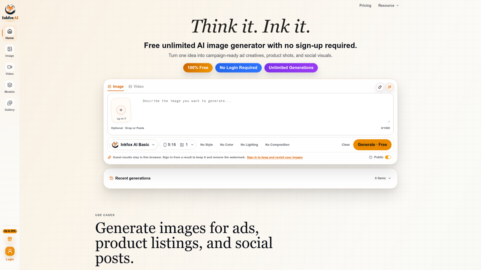 Inkfox - Free unlimited AI image generator with no sign-up required.