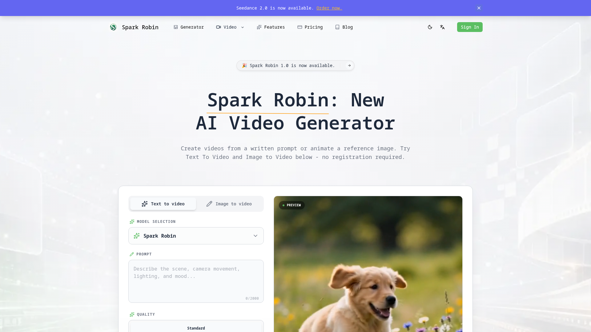 Spark Robin - Create videos from a written prompt or animate a reference image.
