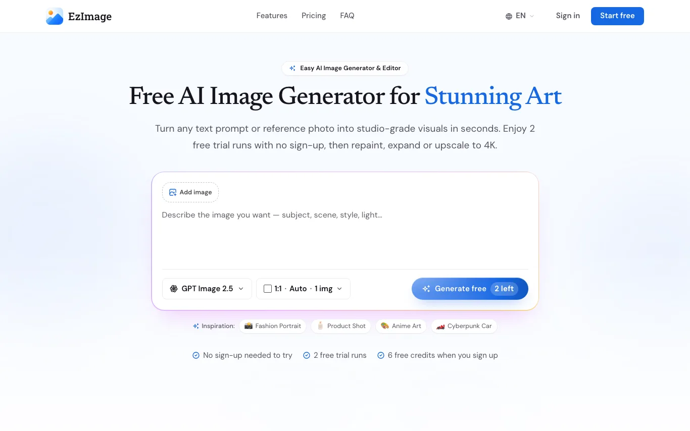 EzImage - GPT Image、Nano Banana、Seedream、Qwen Image 同台出图，免费试用生图与改图