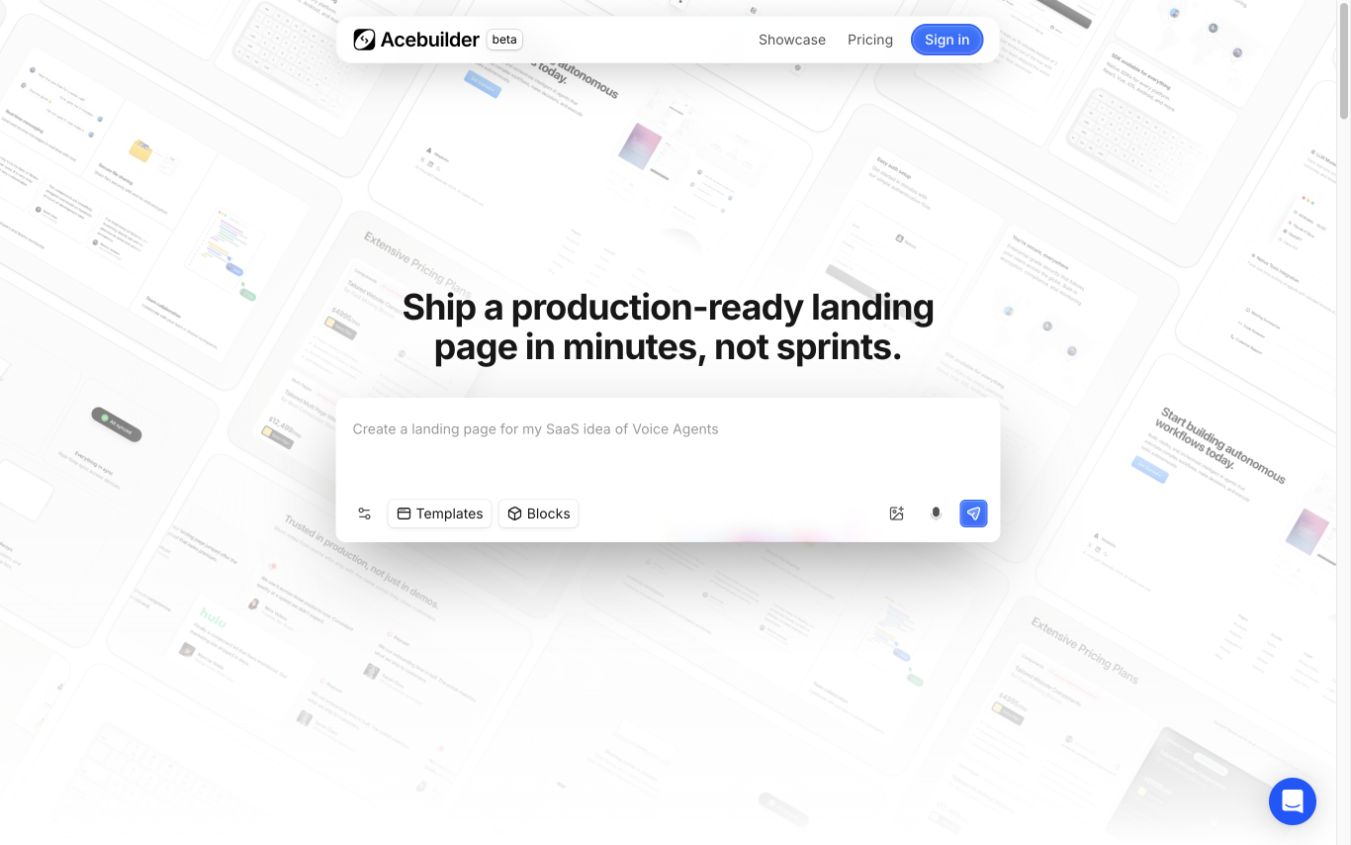 Acebuilder - 基于 Aceternity UI 的 AI 落地页构建器。描述页面，生成生产级 React 和 Tailwind 组件，并下载完整源代码。