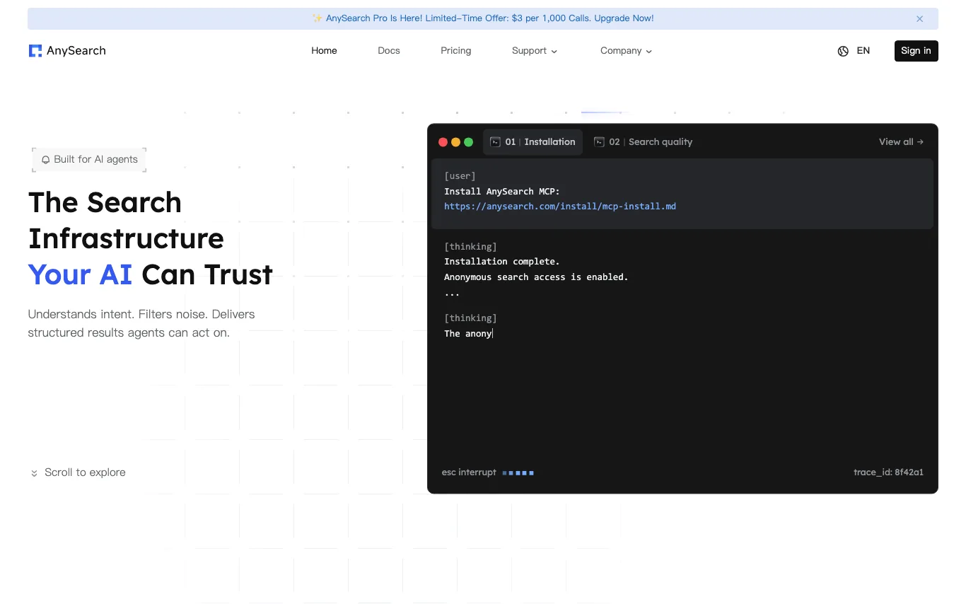 AnySearch - 面向 AI 智能体的隐私优先搜索基础设施，提供智能意图路由与结构化输出。