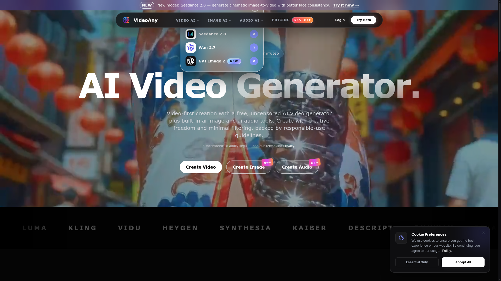 VideoAny - Video-first creation with a free, uncensored AI video generator plus built-in AI image and audi…