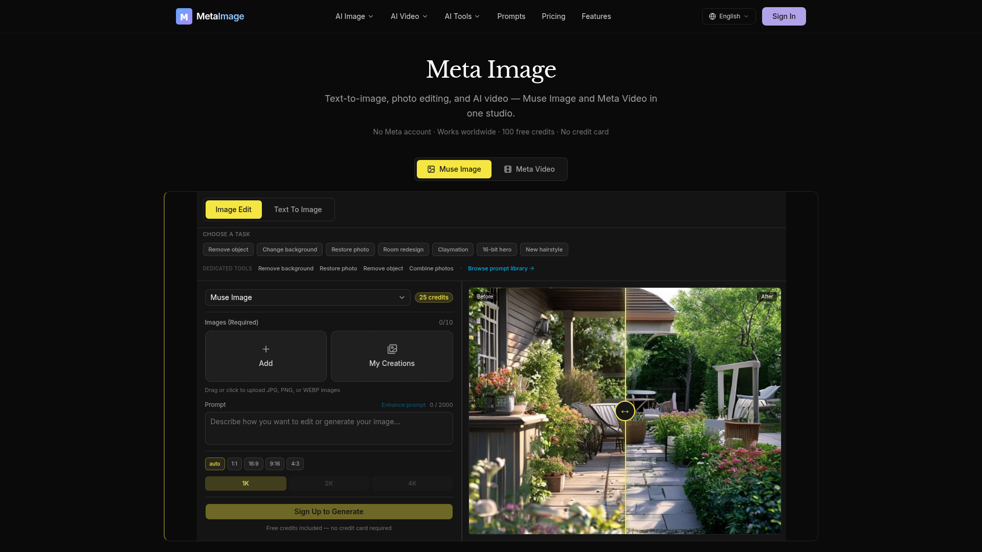 Meta Image - Text-to-image, photo editing, and AI video — Muse Image and Meta Video in one studio.