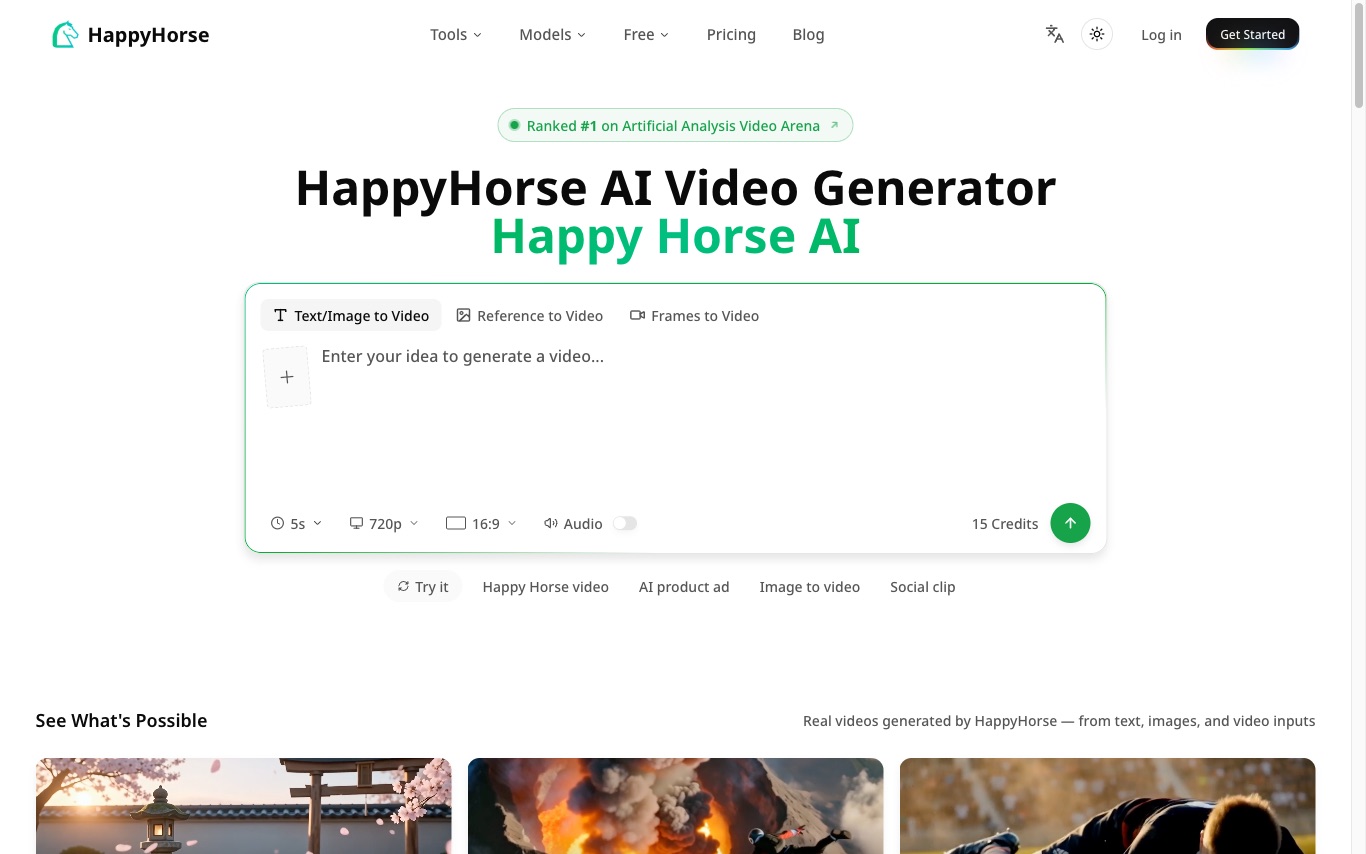 HappyHorse - AI video generator that creates clips from text, images, and reference frames, ranked #1 on the Artificial Analysis Video Arena.