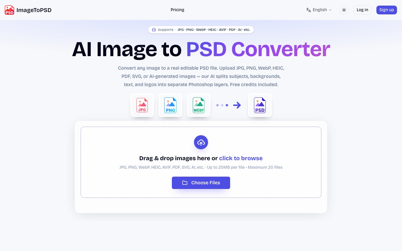 ImageToPSD - 将 JPG、PNG 等图片转为真实分层 PSD 文件，AI 自动分离主体、背景与文字为独立可编辑 Photoshop 图层。