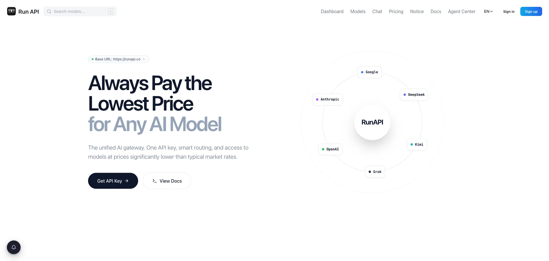 RunAPI - Unified gateway to 150+ AI models with smart price and latency routing.